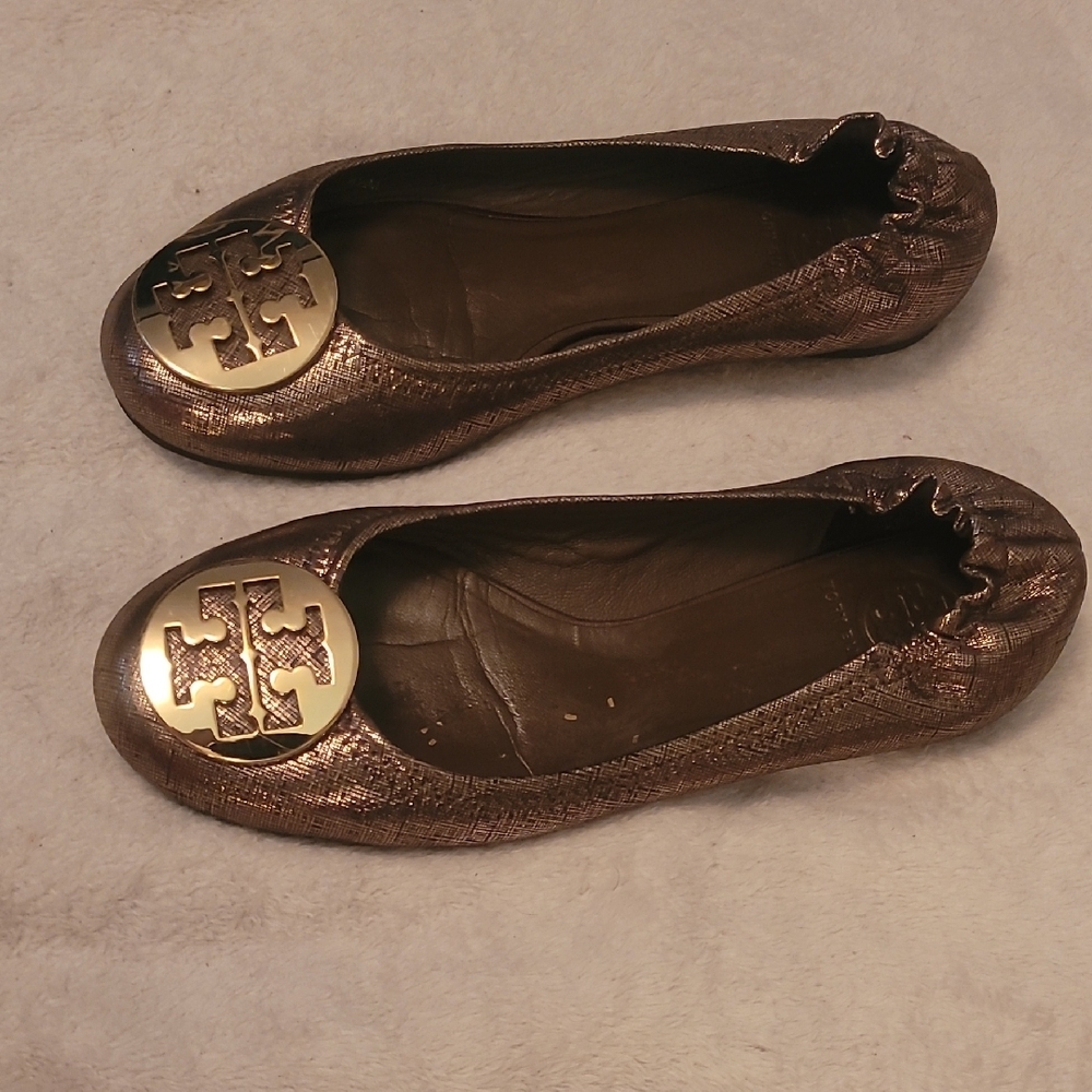 Tory Burch Brown Leather Flats with Gold Medallion